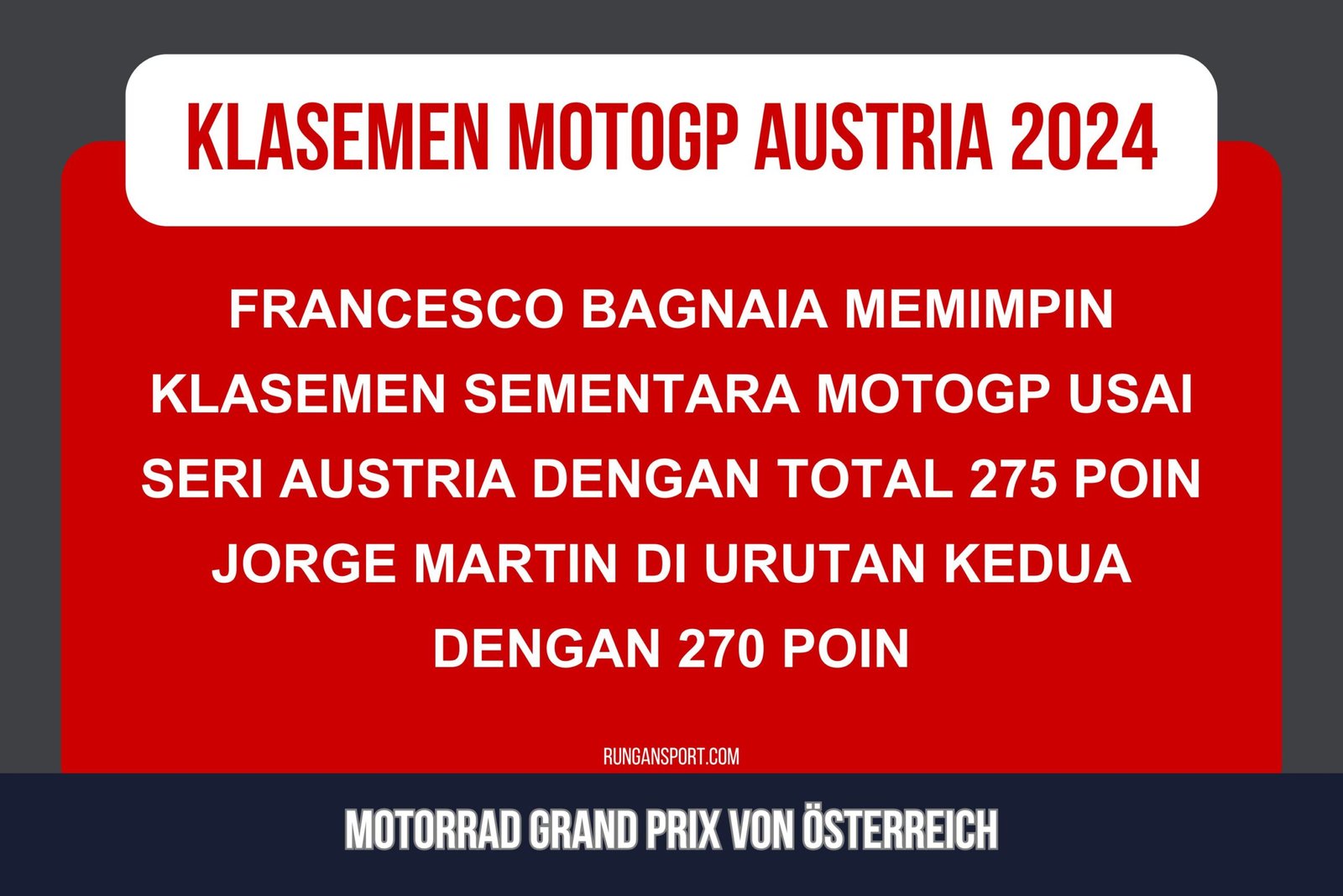 Klasemen Sementara MotoGP usai GP Austria 2024